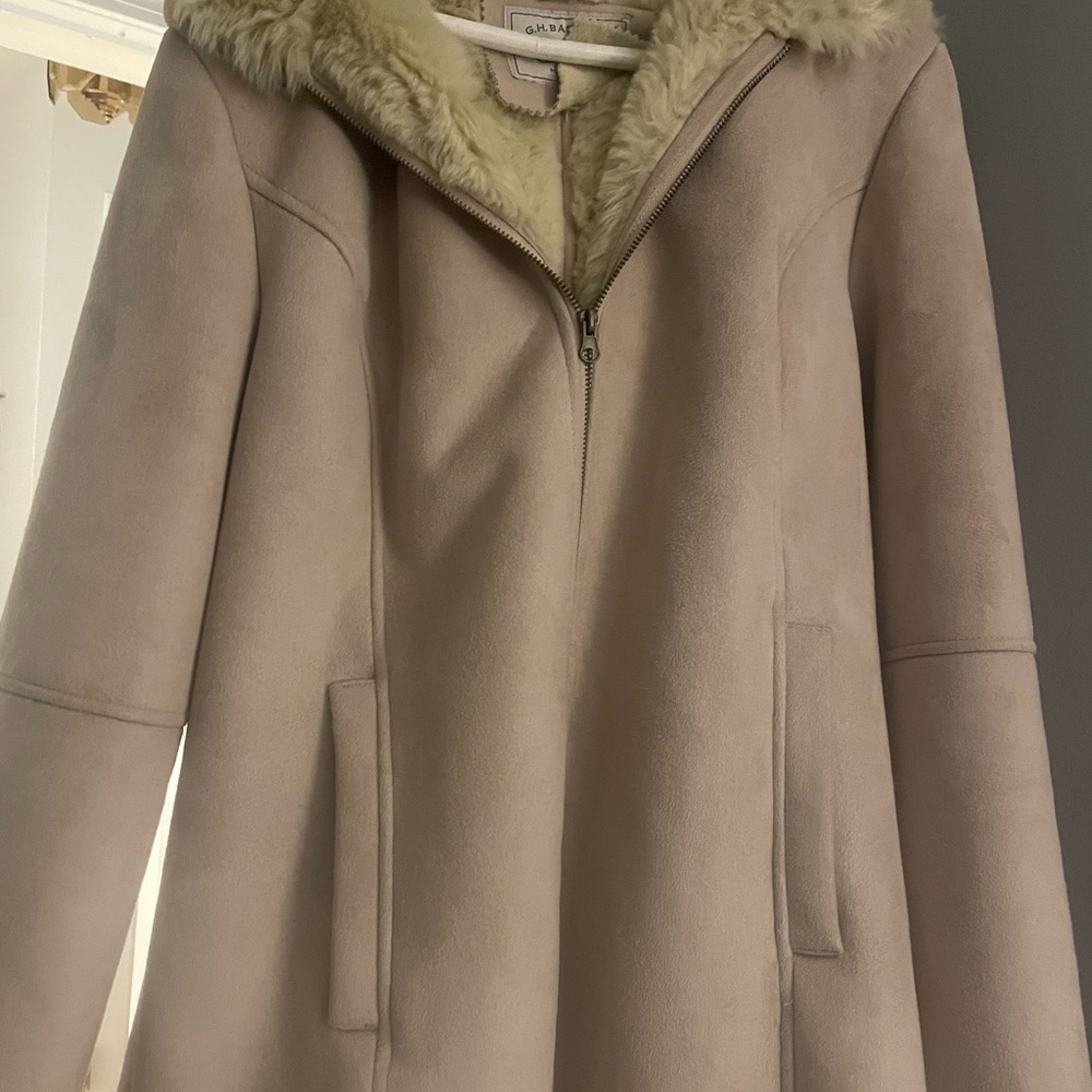 Cream Suede Jacket with Hood and Plush Lining